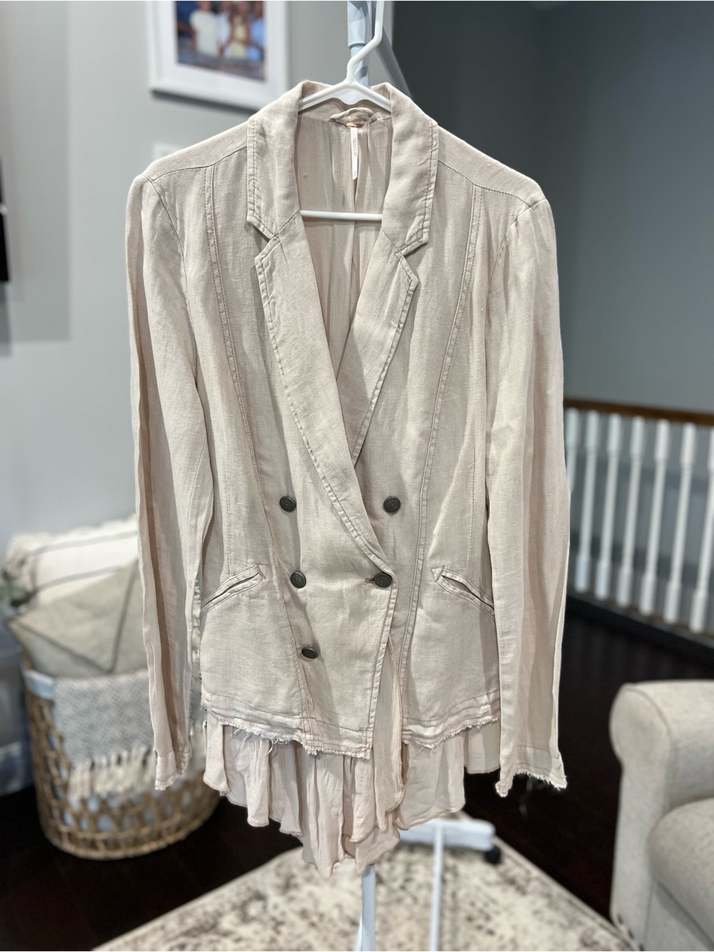 Free People Light Beige Double-Breasted Boho Blazer with Draped Hem- Medium